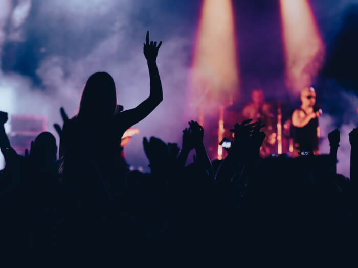 Silhouette of crowd in front of a small venue stage where a band is performing.