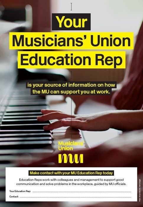 MU Education Rep poster with close up of person playing piano and space for contact details.