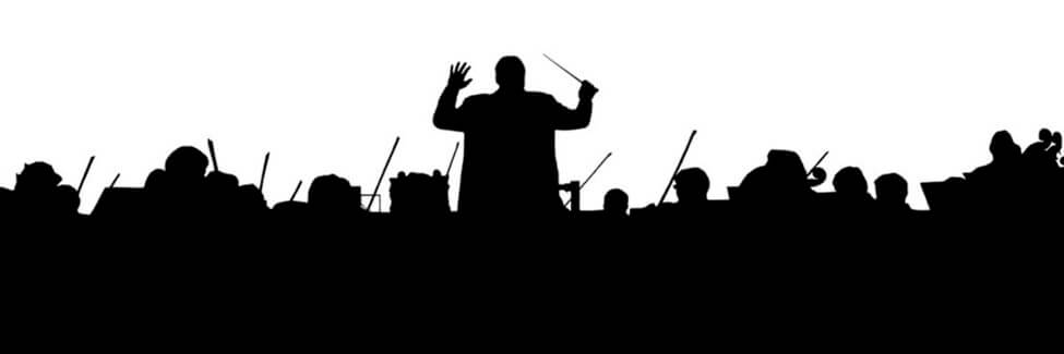 Silhouette of an orchestra on a white background.